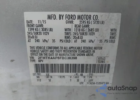 2015 Ford Edge Sport из США, поврежденный, VIN 2FMTK4AP8FBC38398